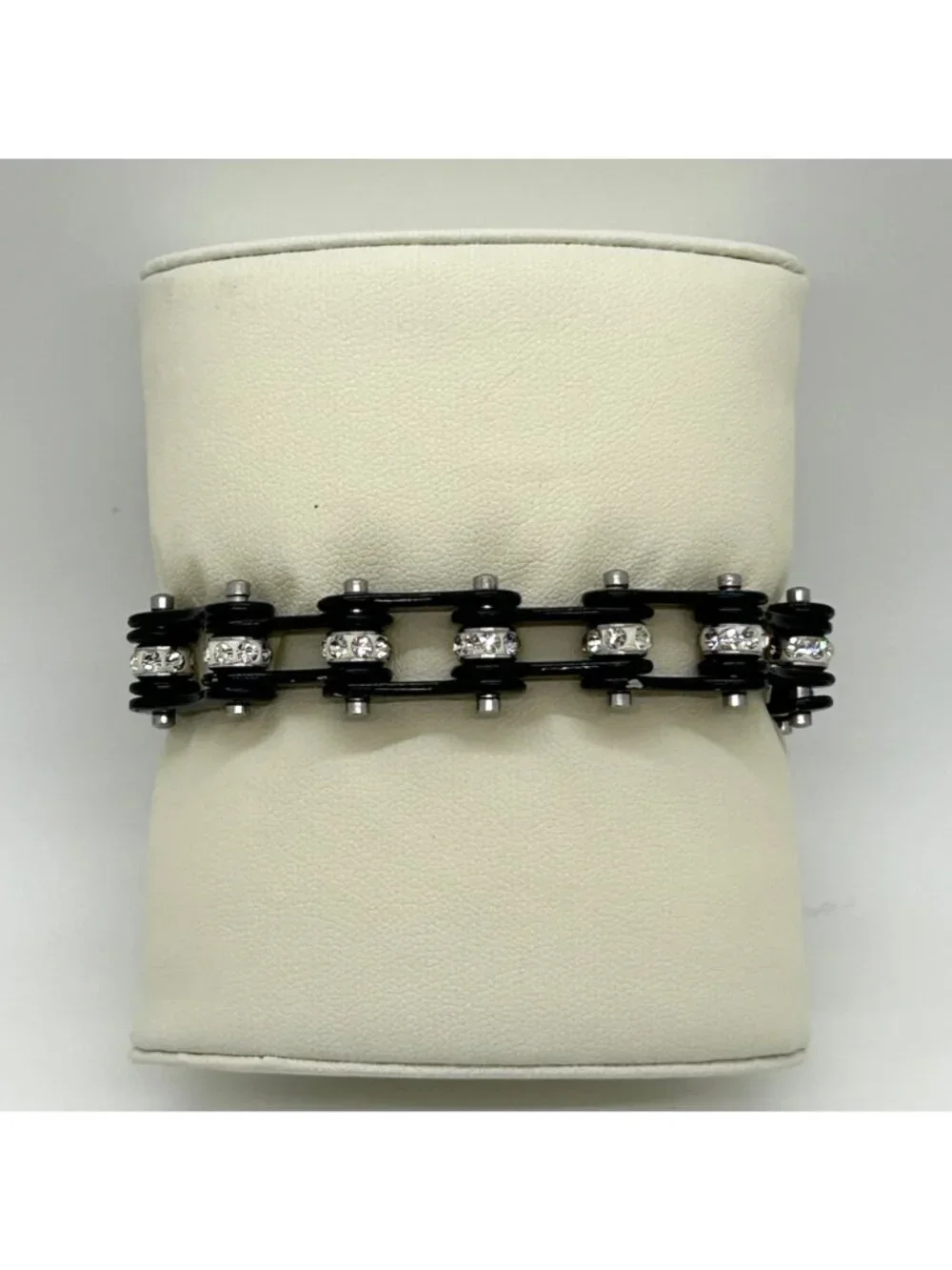 Black Stainless Steel Motorcycle Bike Chain Bracelet With Rhinestone Studs - Picture 2 of 11